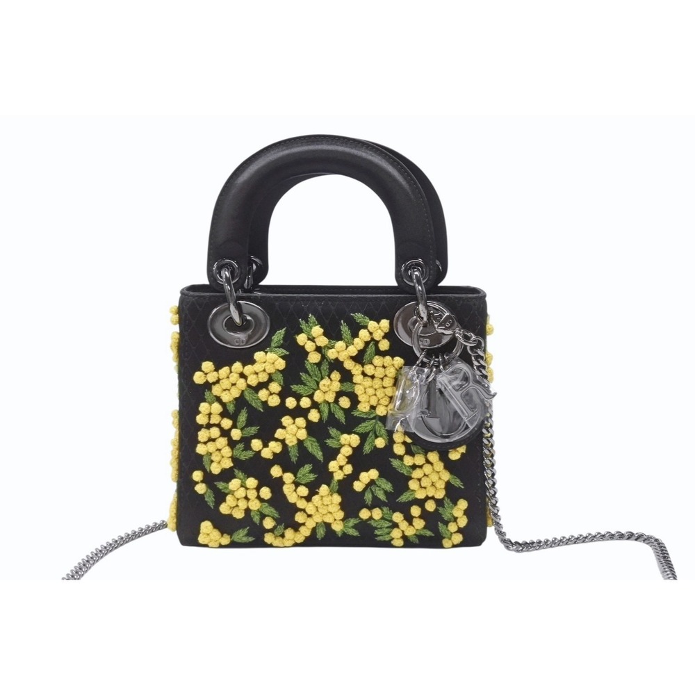 Dior black Christian satin Lady embroidered yellow bag